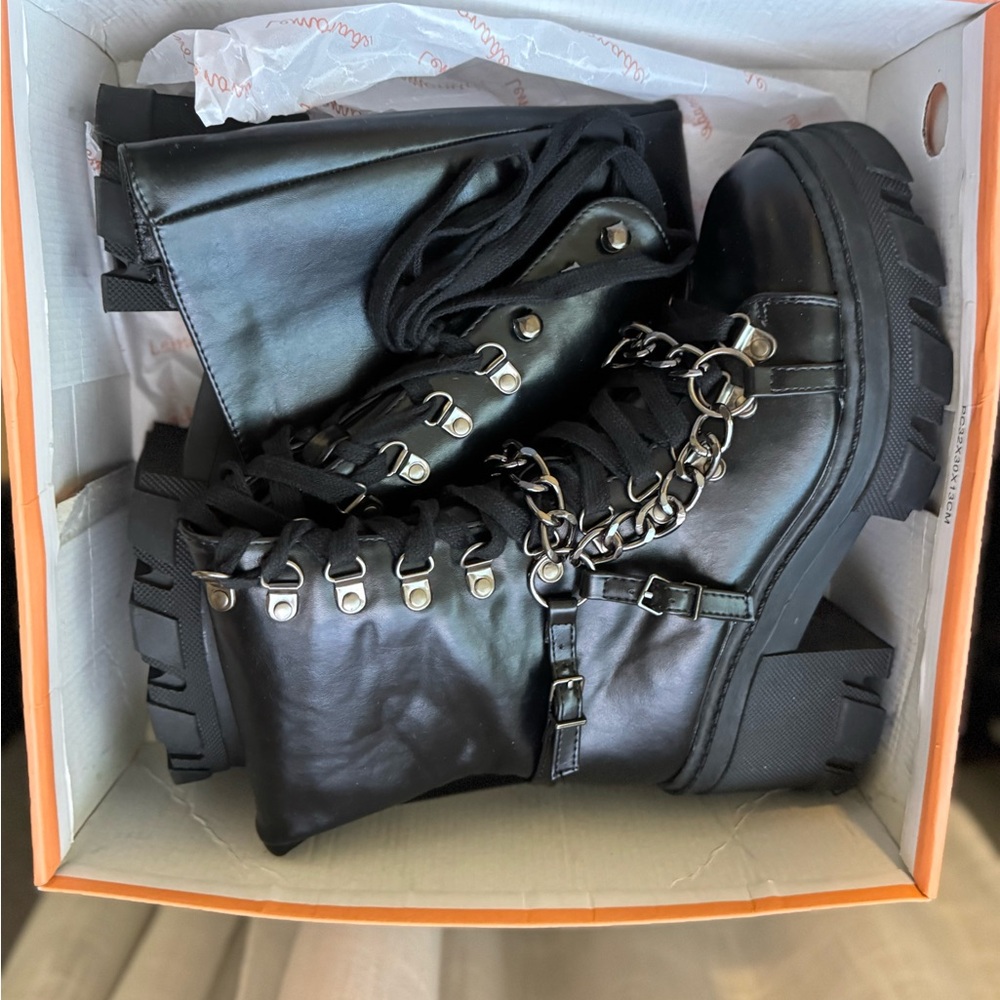 Akira Black Lace Up Combat Boots with Chain Detail